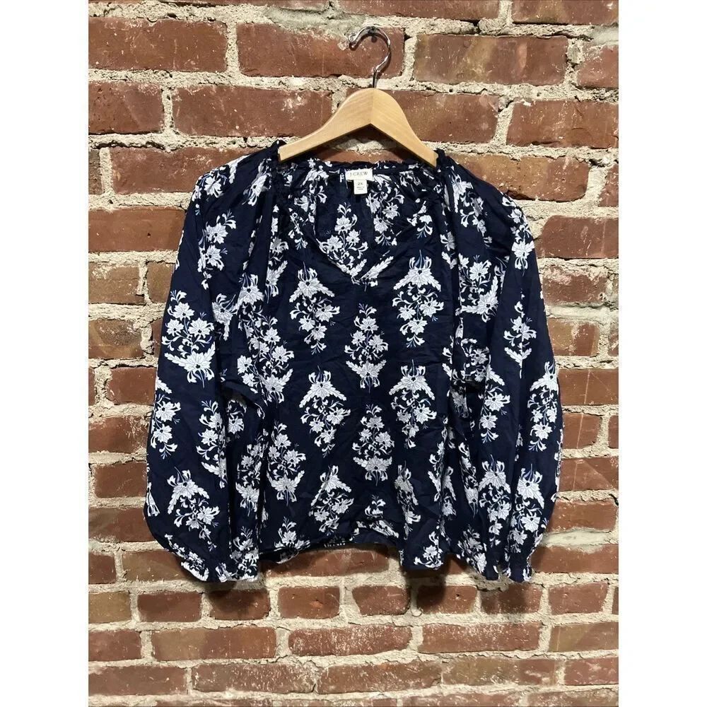 J Crew Womens XXL 2X Blue Floral Ruffle Blouse Shirt Top Plus Size